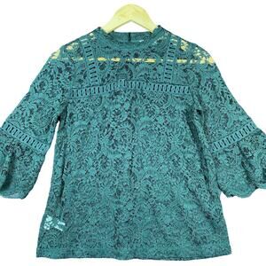 LOFT Womens Blouse Green Floral Lace Bell Sleeve Crochet Sheer Stretch XS